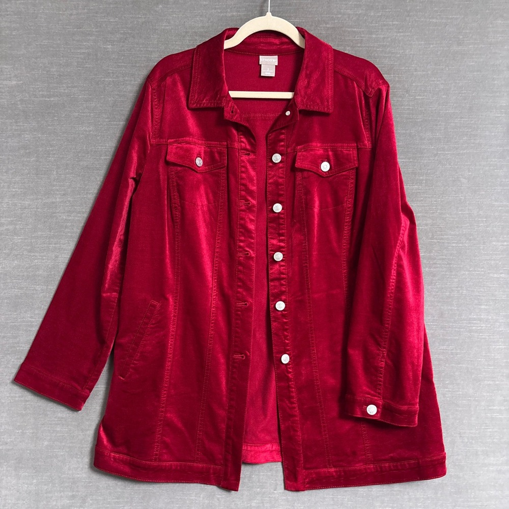 Chicos Jacket 2 Red Cotton Blend Velveteen Longline Trucker Chore Layering